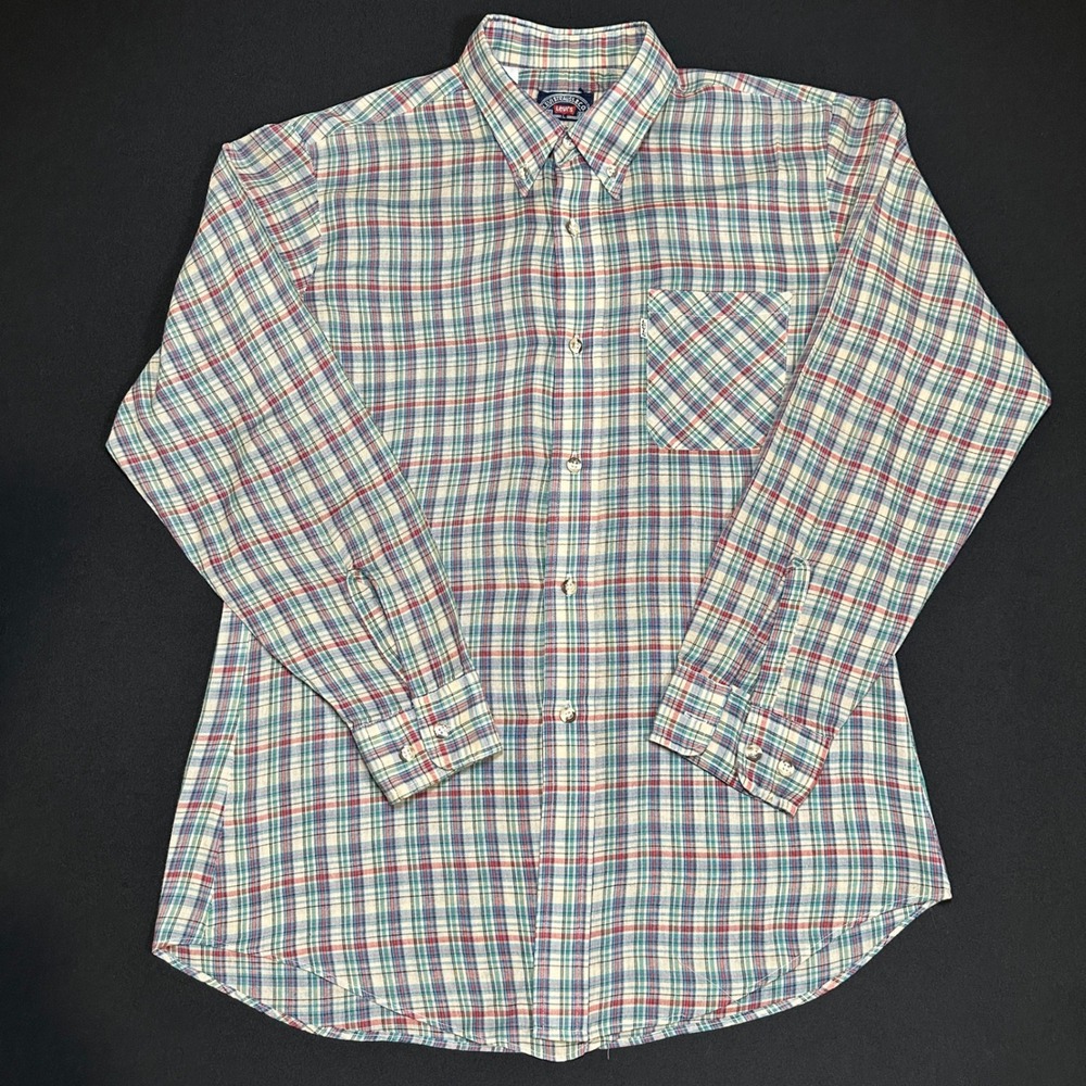 Vtg Levi Strauss‎ & Co Button Shirt Mens L Regular Tan Blue Red Plaid Cotton USA - Picture 2 of 14